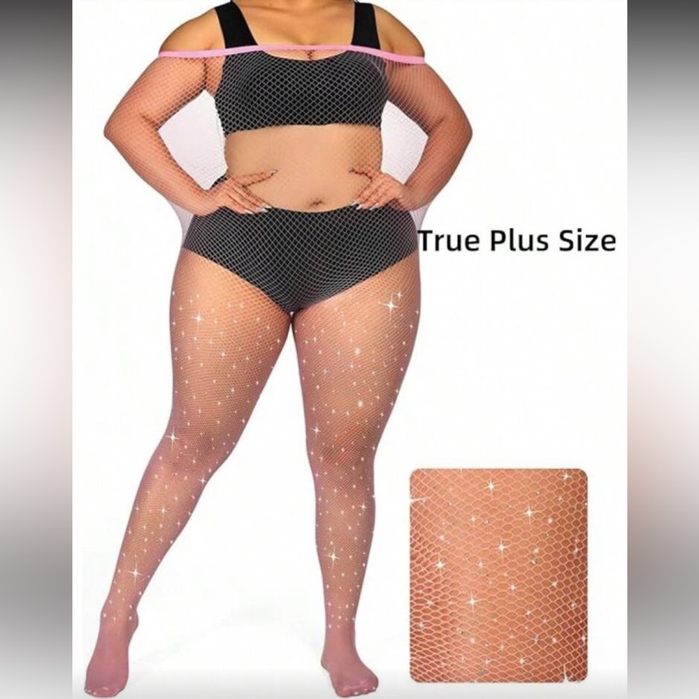 Women’s Pink Rhinestone Plus Size Fishnet Pantyhose